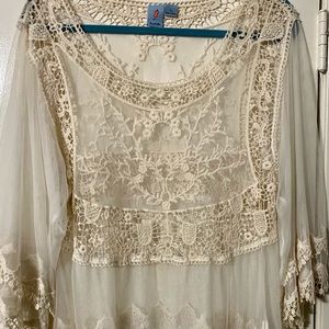 Pink Melo Mesh Shear Long sleeve Top Cream Color (Large)